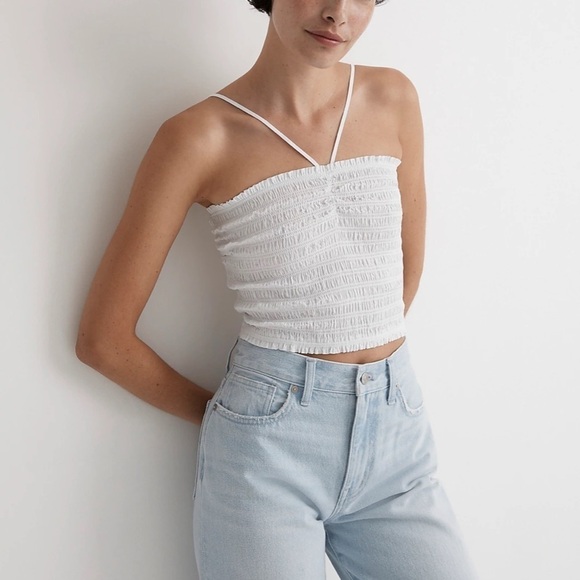 Madewell Poplin Smocked Halter Crop Top NL036 White M - Picture 2 of 7